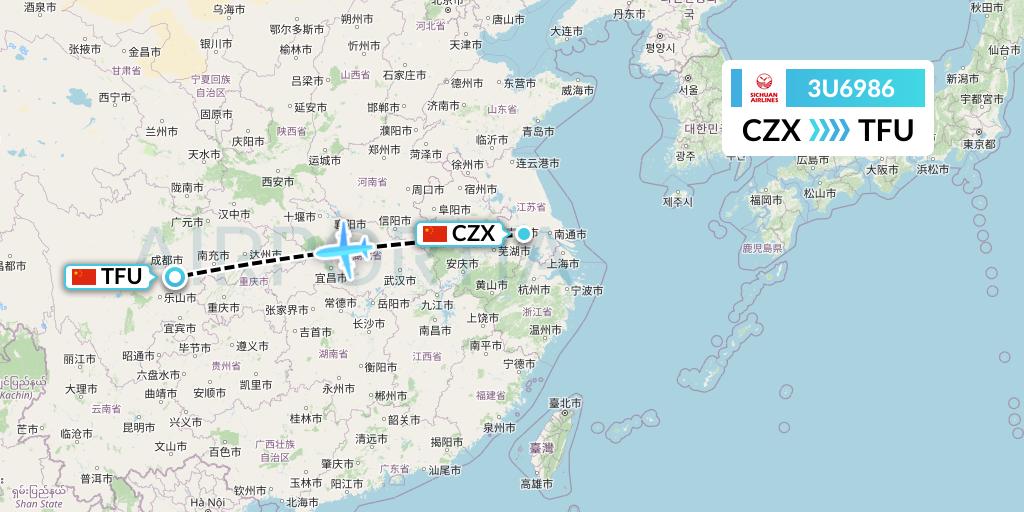 3U6986 Sichuan Airlines Flight Map: Changzhou to Chengdu