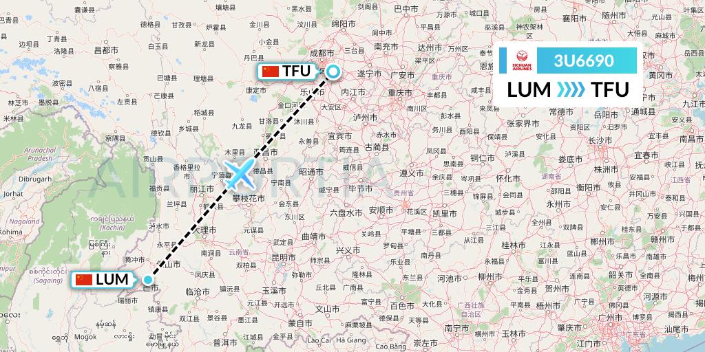 3U6690 Sichuan Airlines Flight Map: Mangshi to Chengdu
