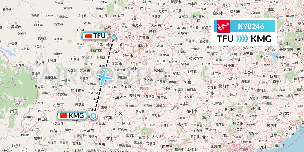 KY8246 Kunming Airlines Flight Map: Chengdu to Kunming