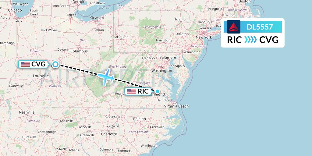 DL5557 Delta Air Lines Flight Map: Richmond to Cincinnati