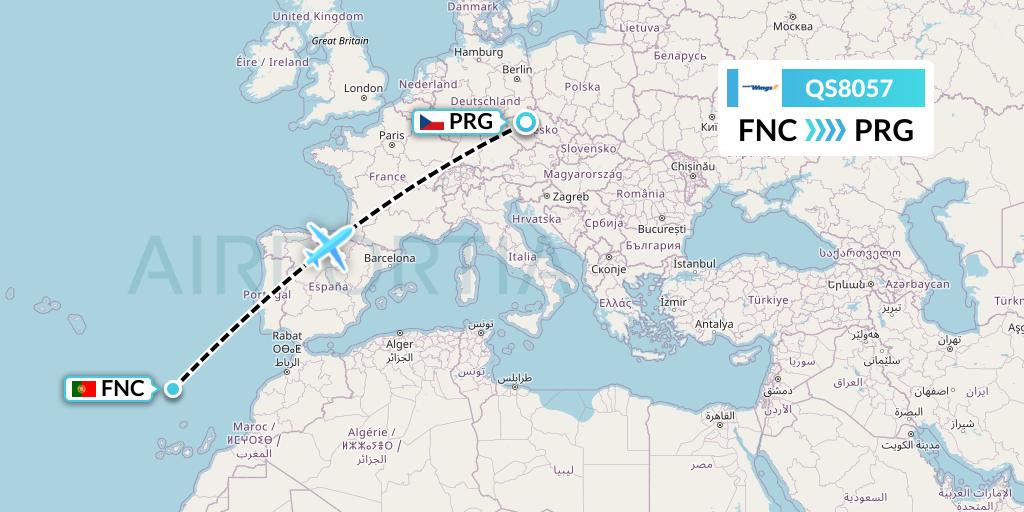 QS8057 Smartwings Flight Map: Funchal to Prague