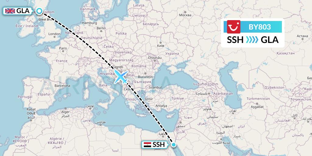 BY803 TUI Airways Flight Map: Sharm el-Sheikh to Glasgow