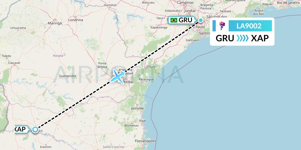 LA9002 LAN Airlines Flight Map: Sao Paulo to Chapeco
