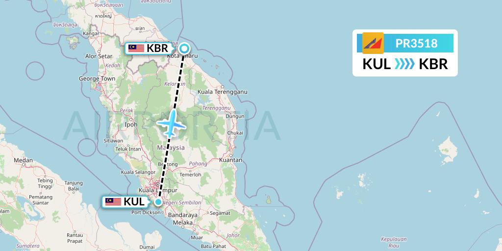PR3518 Philippine Airlines Flight Map: Kuala Lumpur to Kota Bharu