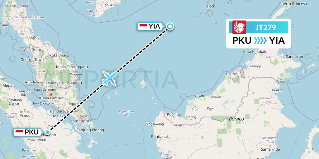 JT279 Lion Airlines Flight Map: Pekanbaru to Yogyakarta