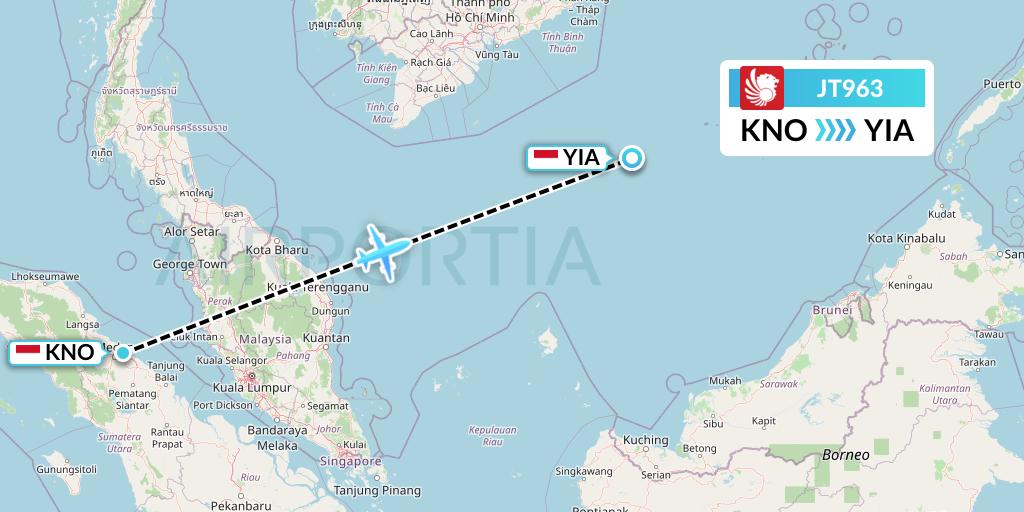 JT963 Lion Airlines Flight Map: Medan to Yogyakarta