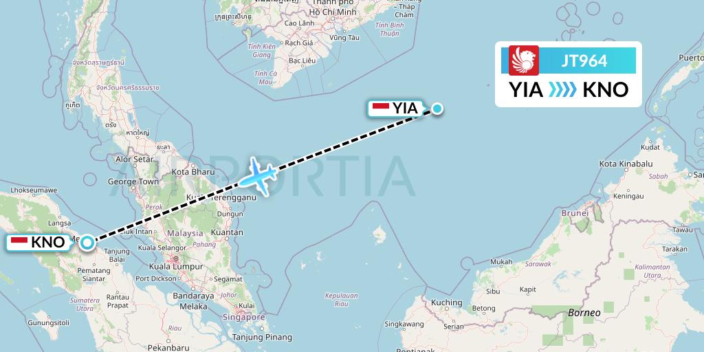 JT964 Lion Airlines Flight Map: Yogyakarta to Medan