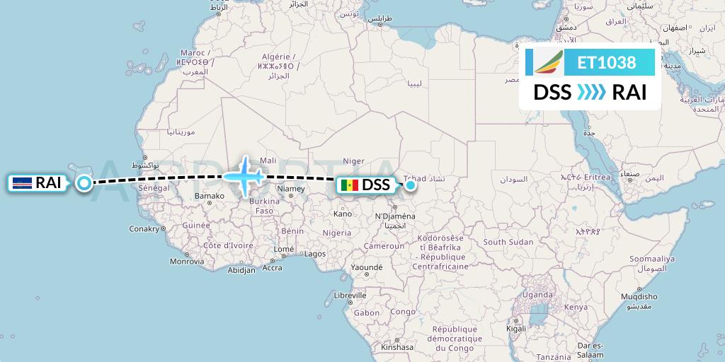 ET1038 Ethiopian Airlines Flight Map: Dakar to Praia