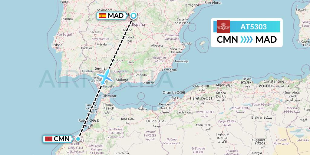 AT5303 Royal Air Maroc Flight Map: Casablanca to Madrid