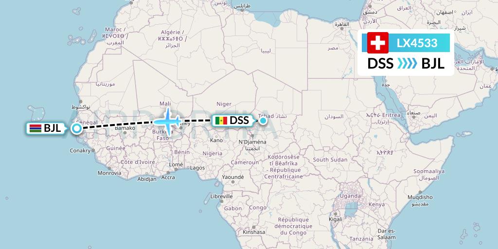 LX4533 Swiss Flight Map: Dakar to Banjul