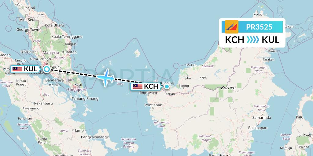 PR3525 Philippine Airlines Flight Map: Kuching to Kuala Lumpur