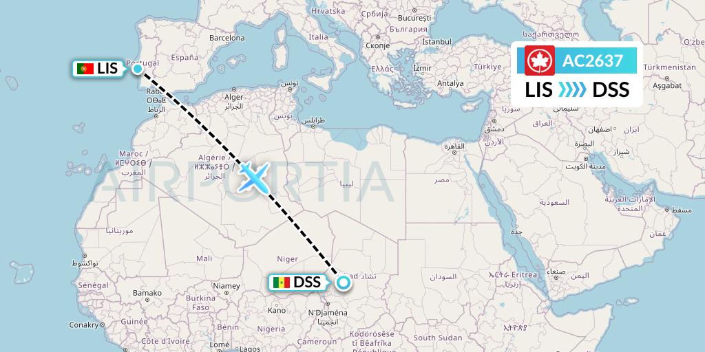AC2637 Air Canada Flight Map: Lisbon to Dakar