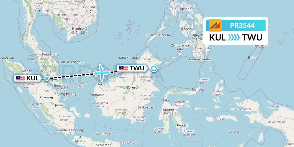 PR3544 Philippine Airlines Flight Map: Kuala Lumpur to Tawau