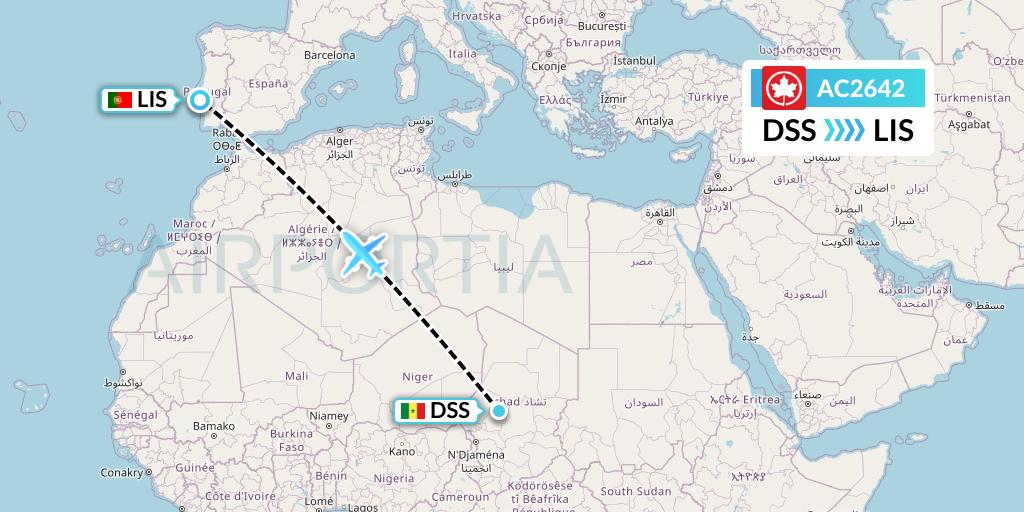 AC2642 Air Canada Flight Map: Dakar to Lisbon