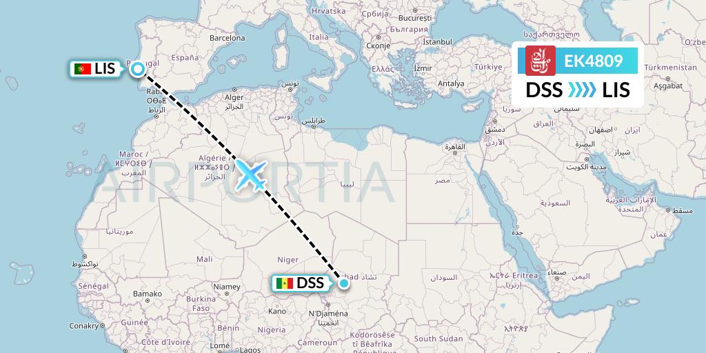 EK4809 Emirates Flight Map: Dakar to Lisbon