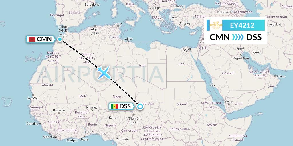 EY4212 Etihad Airways Flight Map: Casablanca to Dakar