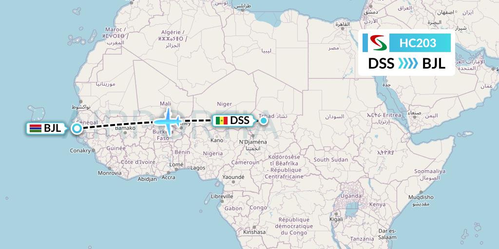 HC203 Air Senegal Flight Map: Dakar to Banjul