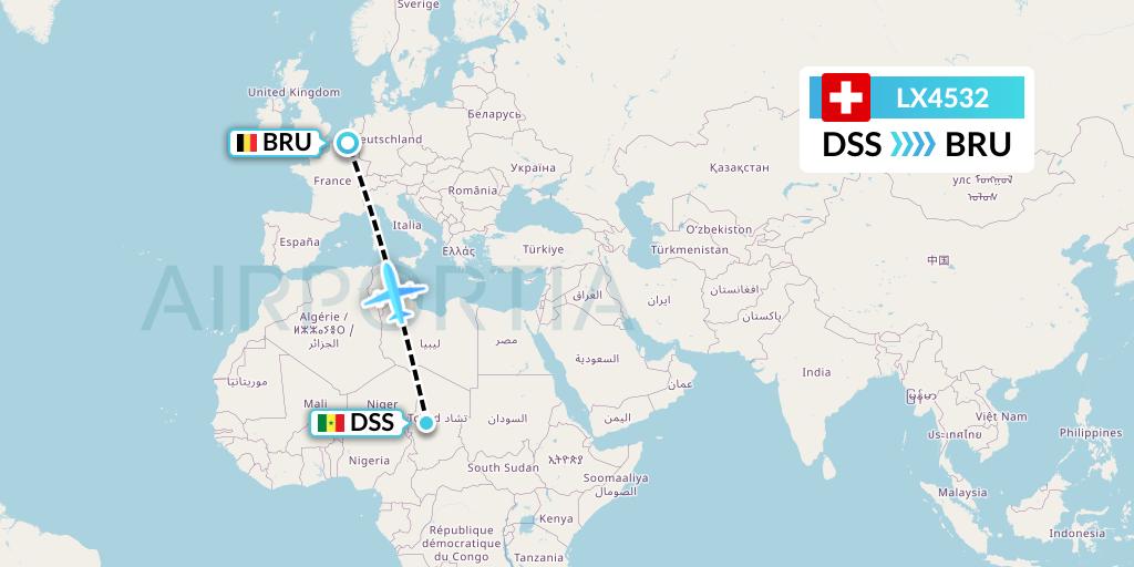 LX4532 Swiss Flight Map: Dakar to Brussels