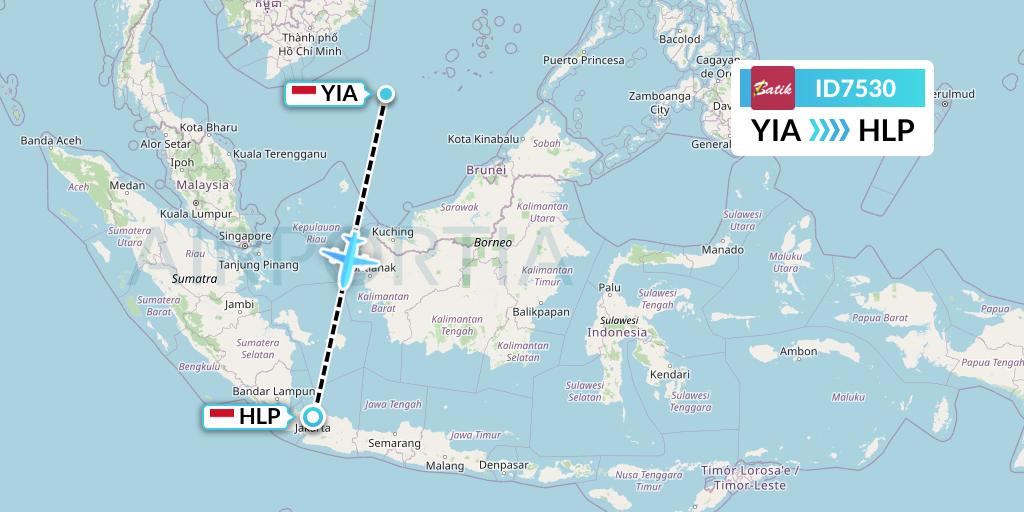 ID7530 Batik Air Flight Map: Yogyakarta to Jakarta