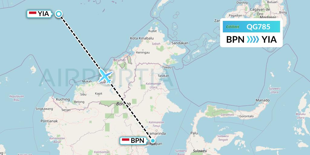 QG785 Citilink Flight Map: Balikpapan to Yogyakarta