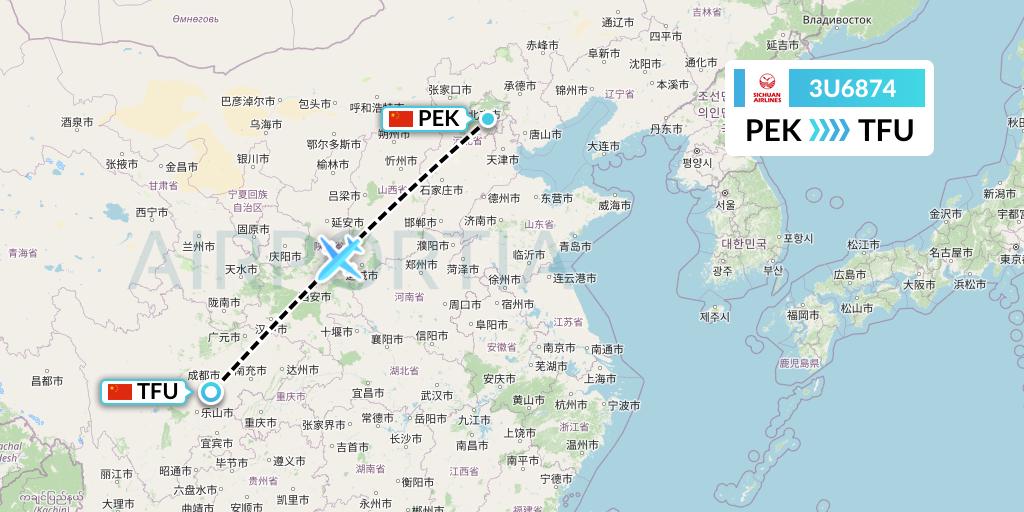 3U6874 Sichuan Airlines Flight Map: Beijing to Chengdu