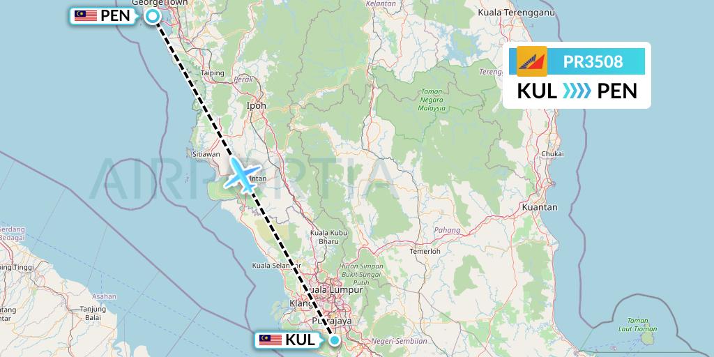 PR3508 Philippine Airlines Flight Map: Kuala Lumpur to Penang