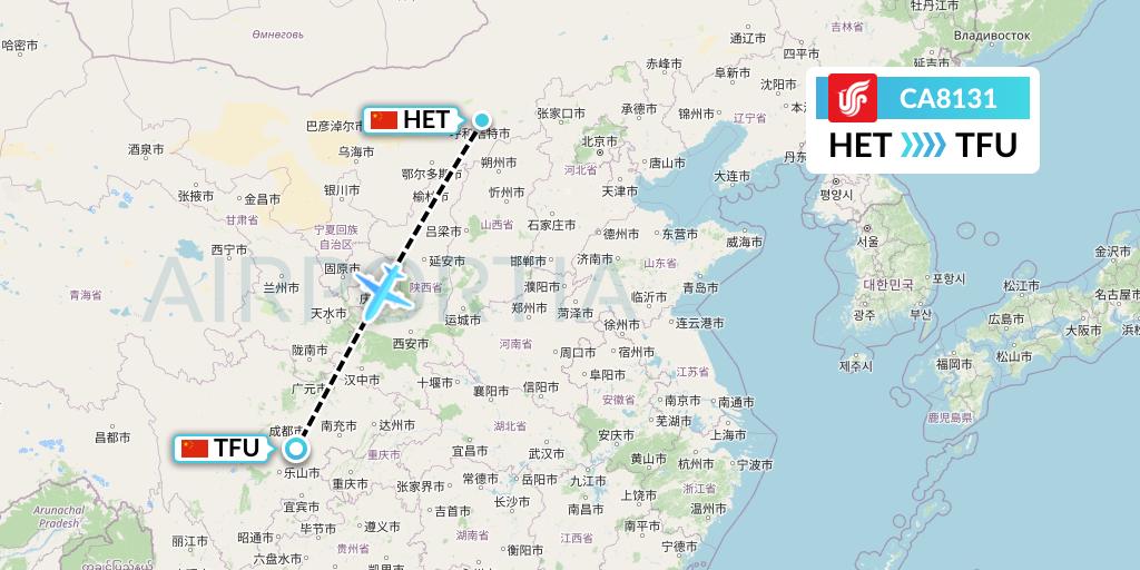 CA8131 Air China Flight Map: Hohhot to Chengdu