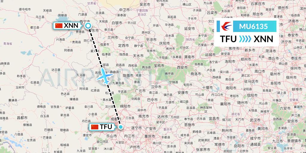 MU6135 China Eastern Airlines Flight Map: Chengdu to Xining