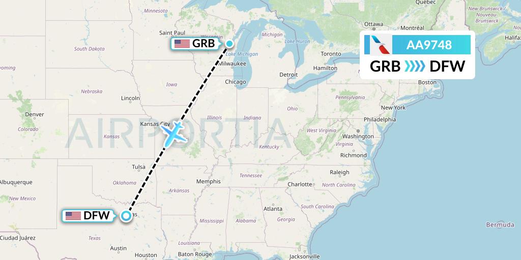 AA9748 American Airlines Flight Map: Green Bay to Dallas