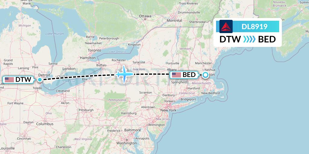 DL8919 Delta Air Lines Flight Map: Detroit to Bedford