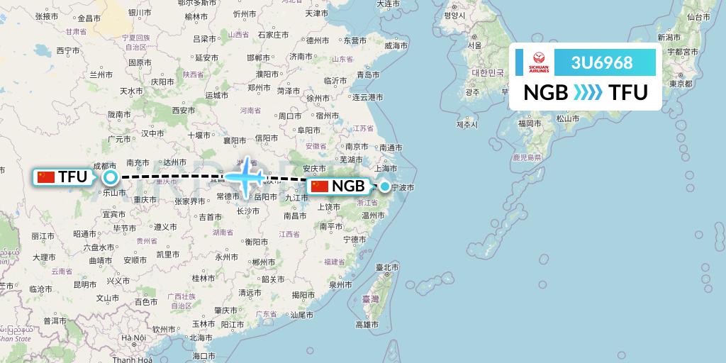 3U6968 Sichuan Airlines Flight Map: Ningbo to Chengdu