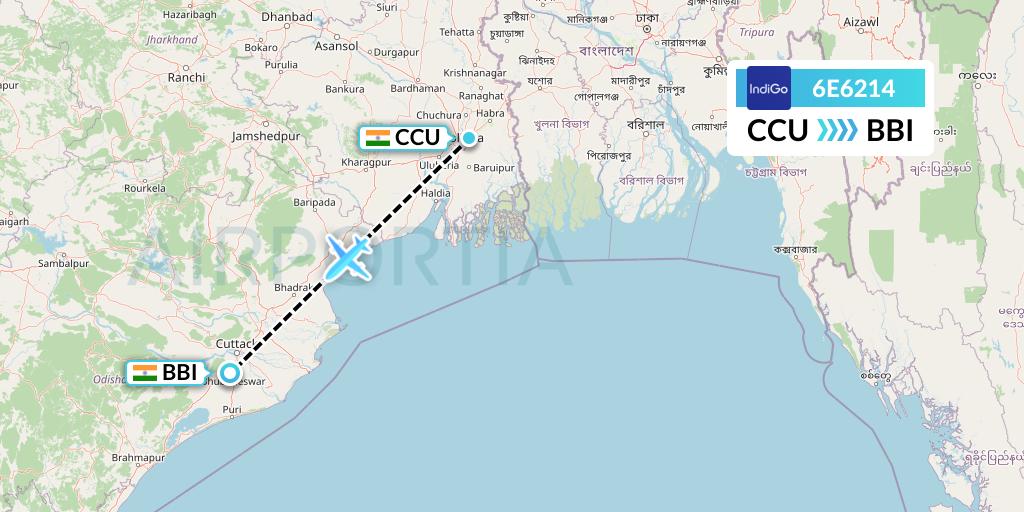 6E6214 IndiGo Airlines Flight Map: Kolkata to Bhubaneswar