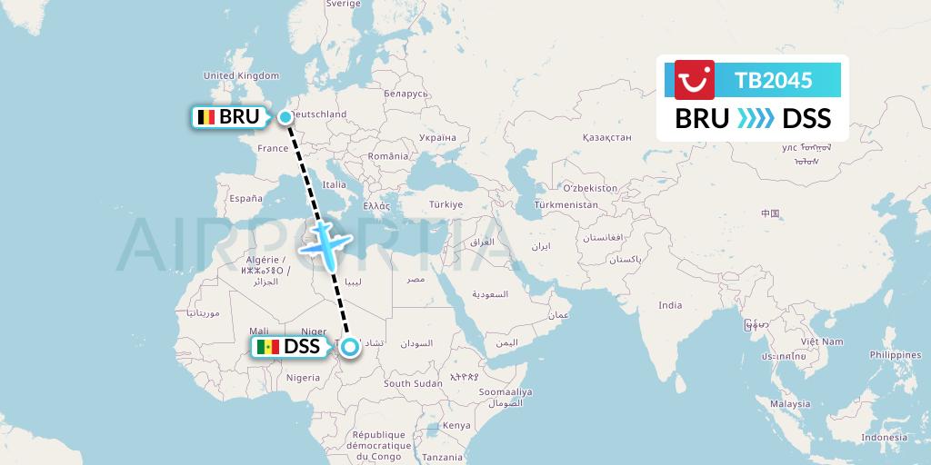 TB2045 TUI fly Belgium Flight Map: Brussels to Dakar