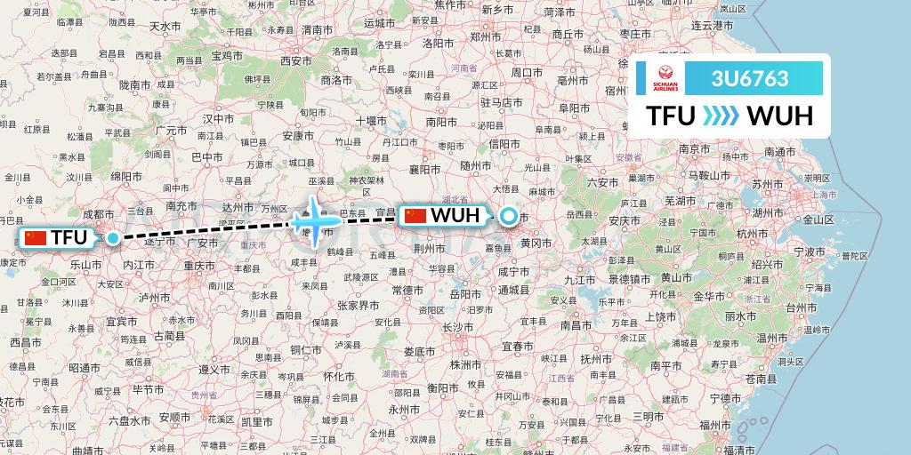 3U6763 Sichuan Airlines Flight Map: Chengdu to Wuhan