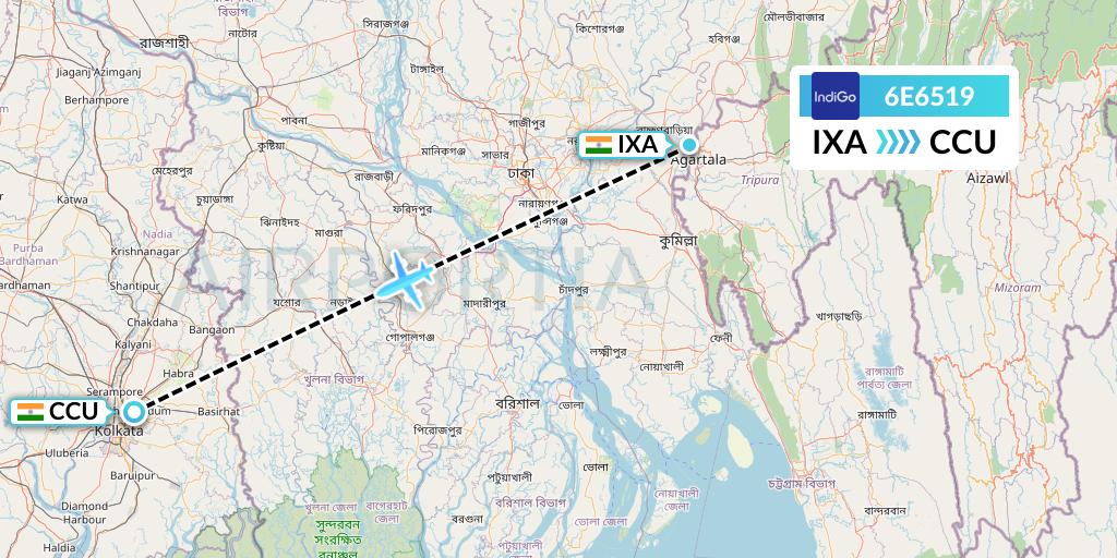 6E6519 IndiGo Airlines Flight Map: Agartala to Kolkata