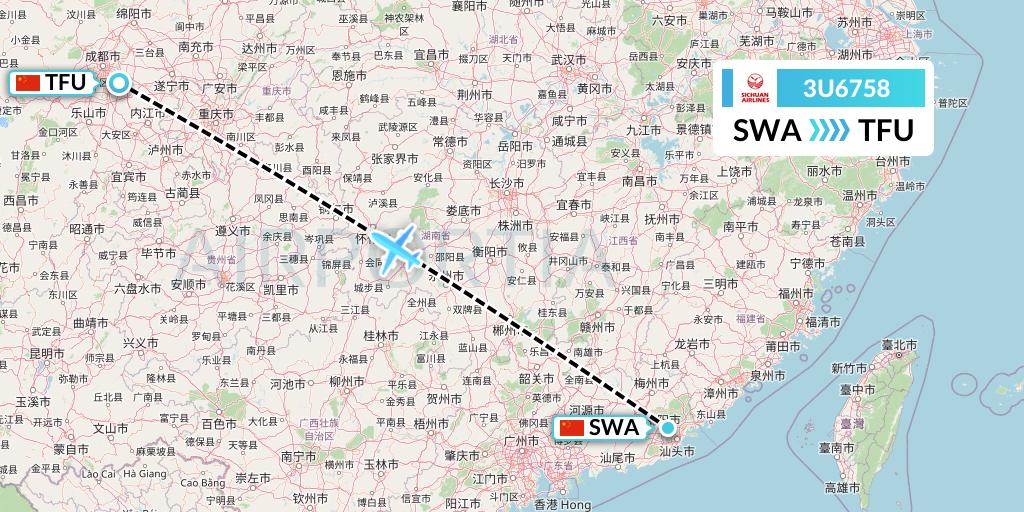 3U6758 Sichuan Airlines Flight Map: Jieyang to Chengdu