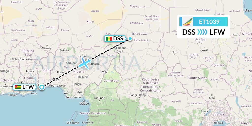 ET1039 Ethiopian Airlines Flight Map: Dakar to Lome