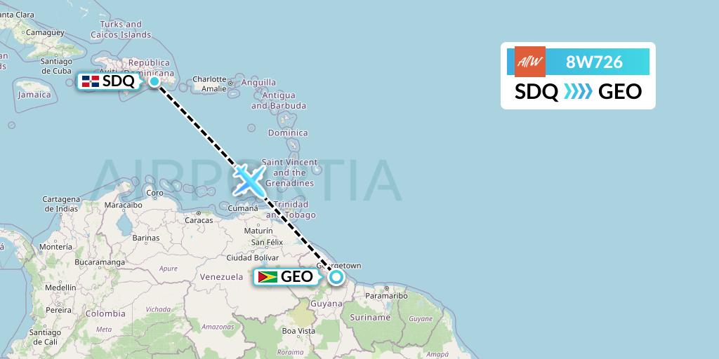8W726 Fly AllWays Flight Map: Santo Domingo to Georgetown