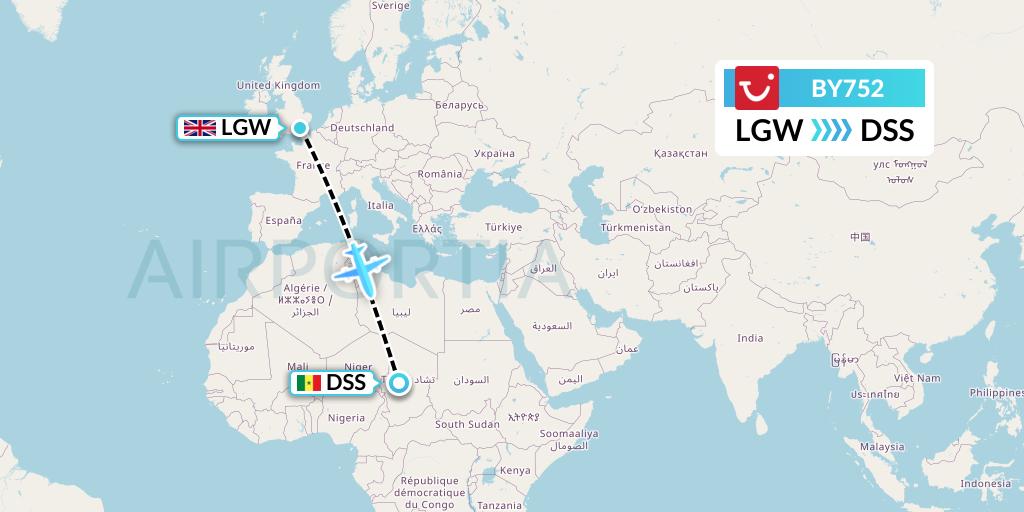 BY752 TUI Airways Flight Map: London to Dakar