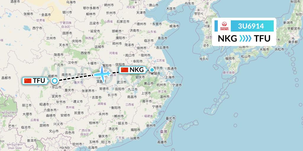 3U6914 Sichuan Airlines Flight Map: Nanjing to Chengdu
