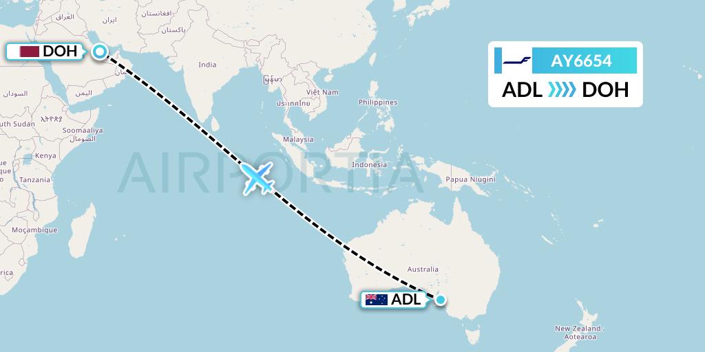 AY6654 Finnair Flight Map: Adelaide to Doha