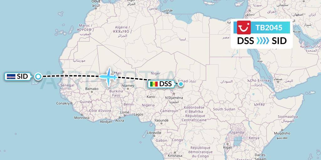 TB2045 TUI fly Belgium Flight Map: Dakar to Espargos