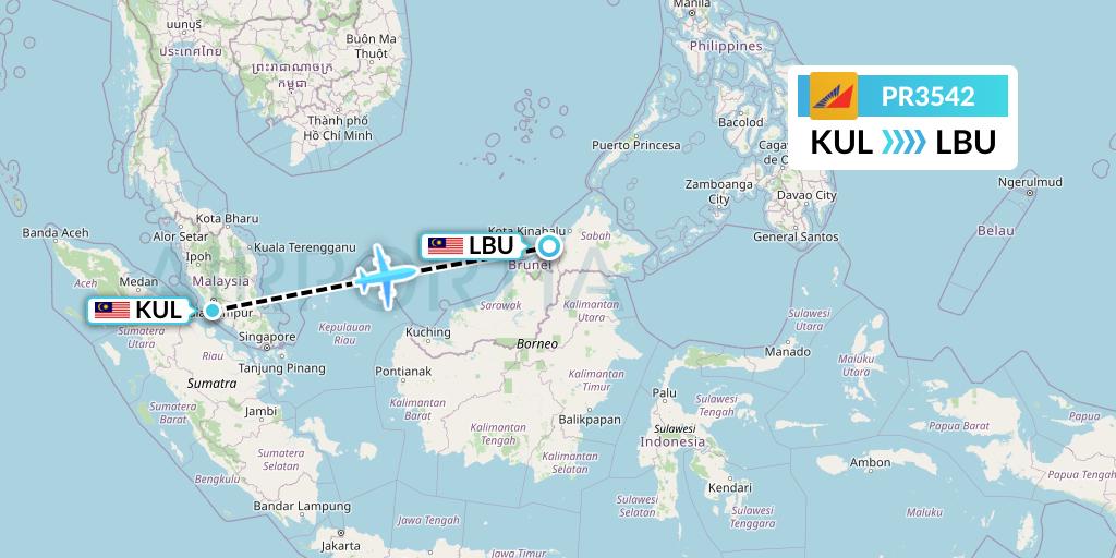 PR3542 Philippine Airlines Flight Map: Kuala Lumpur to Labuan