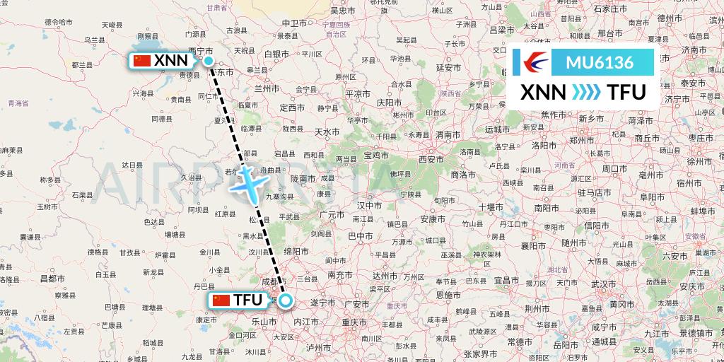 MU6136 China Eastern Airlines Flight Map: Xining to Chengdu