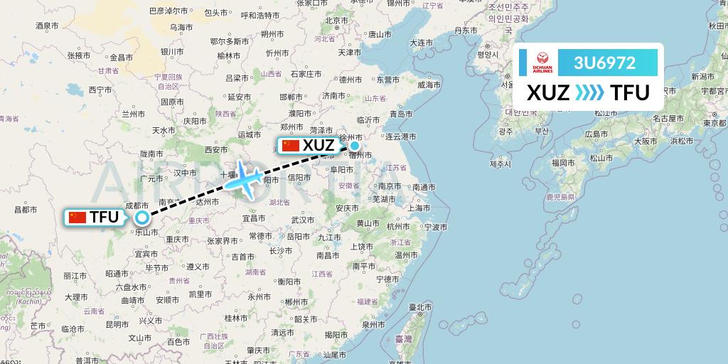 3U6972 Sichuan Airlines Flight Map: Xuzhou to Chengdu