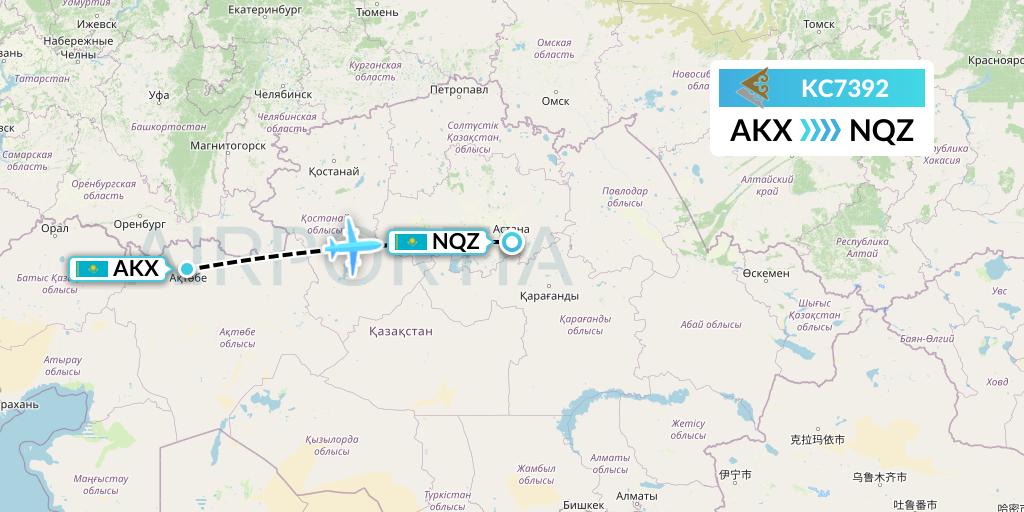 KC7392 Air Astana Flight Map: Aktobe to Astana