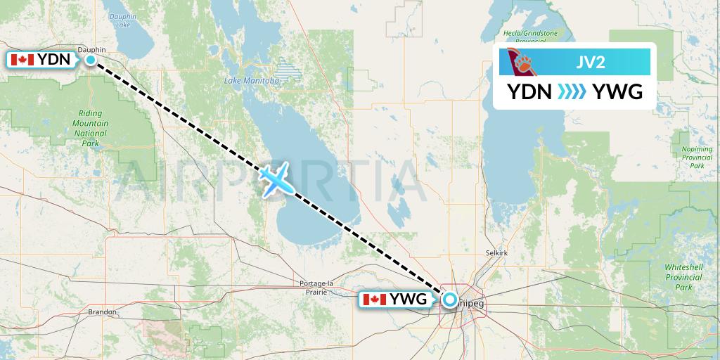 JV2 Bearskin Airlines Flight Map: Dauphin to Winnipeg