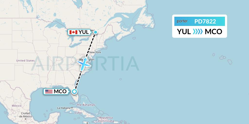 PD7822 Porter Airlines Flight Map: Montreal to Orlando