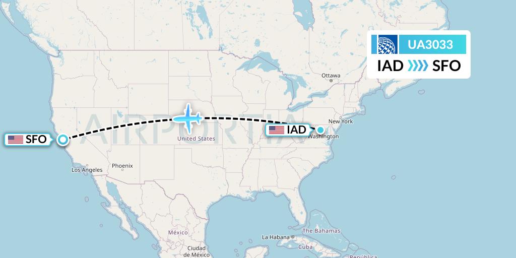 UA3033 United Airlines Flight Map: Washington to San Francisco