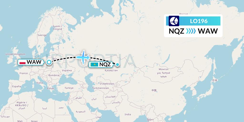 LO196 LOT Flight Map: Astana to Warsaw